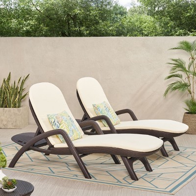Beige Faux Wicker Outdoor Chaise Lounges with Cushions, Set of 2