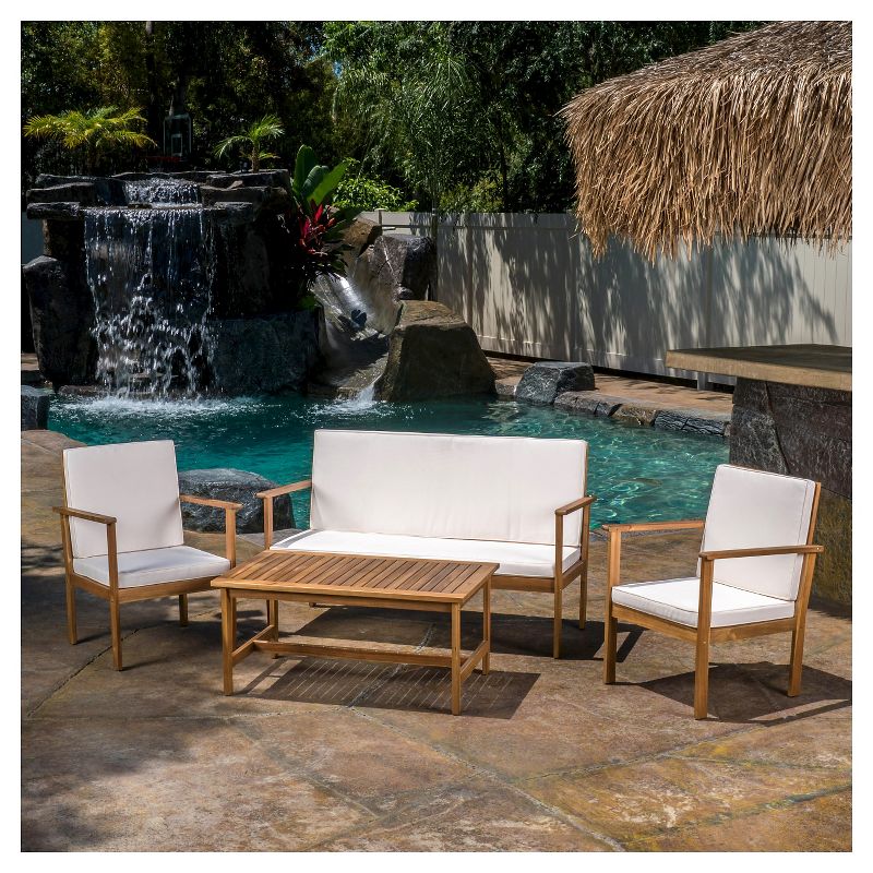 Luciano 4pc Acacia Wood Patio Chat Set with Cushions - Brown Patina - Christopher Knight Home, 4 of 6