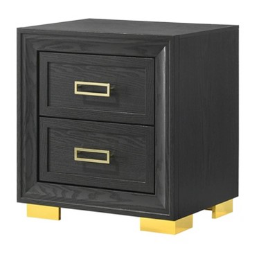 Vynxaria Modern Glam 2-Drawer Nightstand - 1pc, Black Gold Finish, Gold Metal Hardware, Solid Wood/Wood Veneer, Sturdy Durable Bedroom Furniture