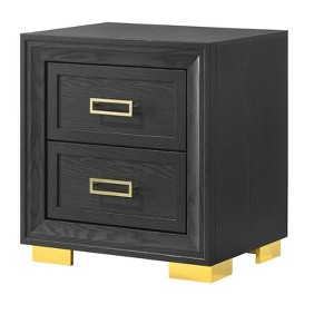 Vynxaria Modern Glam 2-Drawer Nightstand - 1pc, Black Gold Finish, Gold Metal Hardware, Solid Wood/Wood Veneer, Sturdy Durable Bedroom Furniture - 1 of 4