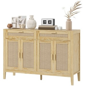 Yukimo 52.8" Oak Boho Kitchen Sideboard Cabinet with Rattan Doors and Drawers, Entertainment Console Table for Dining Room & Entryway - 1 of 4