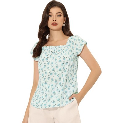 Allegra K Women's Square Neck Casual Cap Sleeve Floral Print Peasant Tops