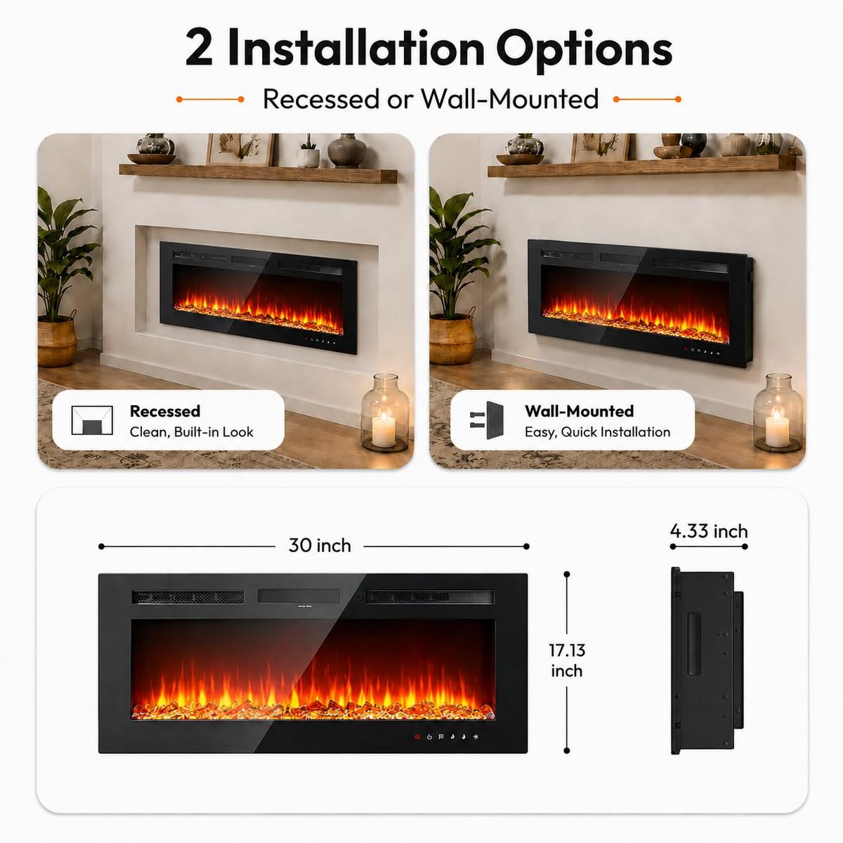 30 Inch Wall-Mounted Electric Fireplace - Adjustable Flame Color & Brightness, Quiet Heater with Overheat Protection - thumbnail 3