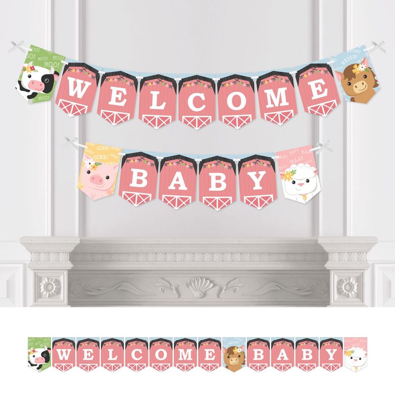 Big Dot of Happiness Girl Farm Animals - Pink Barnyard Baby Shower Bunting Banner - Party Decorations - Welcome Baby, 1 of 6