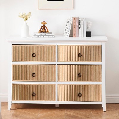 6 Drawer Dresser for Bedroom，Waveform Fluted Dresser Chest with Large Drawer, Wooden Chest of Dresser Storage Cabinet
