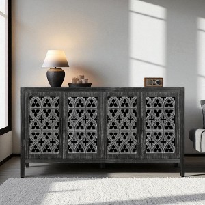 Antique Hollow Carved Four Door Cabinet, American Country Style Sideboard Buffet Console for Living Room, Kitchen, TV Cabinet - 1 of 4