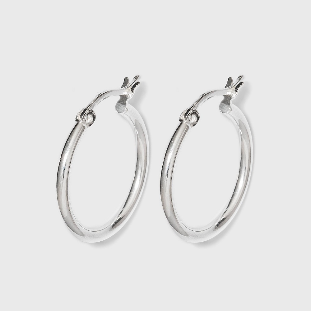 Photos - Earrings Sterling Silver Round Thin Hoop Earring - Silver
