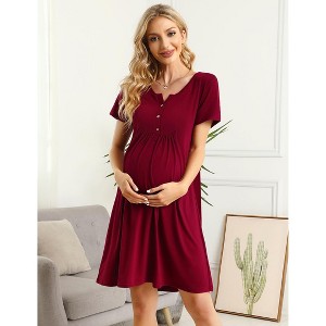 Coolmee Womens Maternity Dress Short Sleeve Midi Summer Dresses Nursing Casual Solid Color Button Down Breastfeeding Dress Clothes - 1 of 4