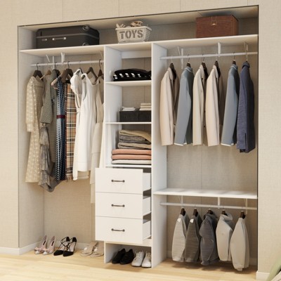 Vynxaria 96-Inch Closet System - 8FT Walk-In Organizer with 3 Adjustable Shelves, 3 Expandable Hanger Rods & 3 Drawers, White Finish