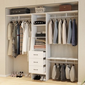 Vynxaria 96-Inch Closet System - 8FT Walk-In Organizer with 3 Adjustable Shelves, 3 Expandable Hanger Rods & 3 Drawers, White Finish - 1 of 4