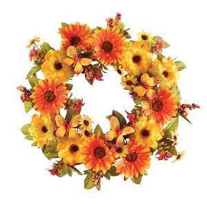 Collections Etc Colorful Artificial Autumn Floral Butterfly Wreath 17" x 17" x 4.25" - 1 of 2