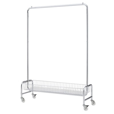 PDTEND Heavy-Duty Mobile Garment Rack with Basket, Silver