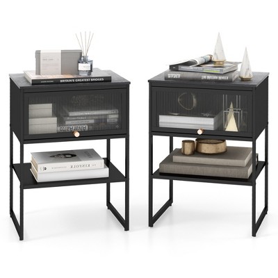Costway 1/2 PCS Home Nightstand 3-Tier Storage Table with Door Open Shelf Heavy-duty Metal Frame Black
