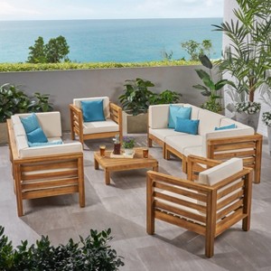 Christopher Knight Home Oana Outdoor Acacia Wood 8 Seater Sofa and Club Chair Set with Cushion - 1 of 4