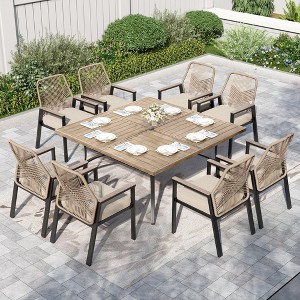 Captiva Designs 9pc Patio Dining Set with Spacious Slat-top Square Metal Table & Beige Rattan Chairs - 1 of 4