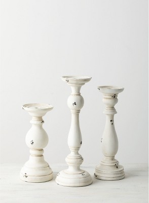 White Distressed Wood Pillar Candle Holders Set of 3
