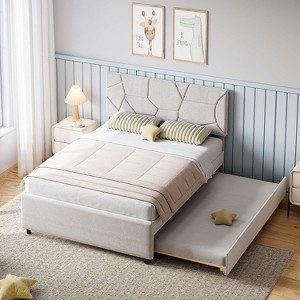 Trundle Bed Twin, Full/Queen Upholstered Platform Bed Frame, Pull Out Bed with Headboard, Wood Slat Support, for Bedroom, Living Room, Guest Room - 1 of 4