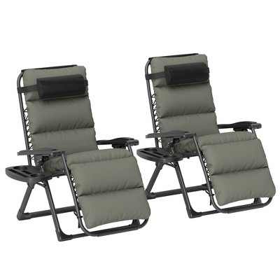 Outsunny Zero Gravity Lounge Chair Set of 2 Reclining Folding Outdoor Lounge Chairs with Cushion, Headrest, and Side Tray for Patio, Beach