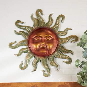 Metal Sun Wall Decor with Smiling Face and Curved Rays Copper - Olivia & May