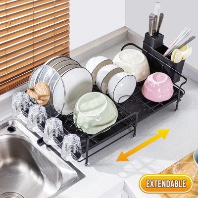 LunaLulinlk Extendable Dish Rack, Multifunctional Dish Rack for Kitchen Counter, Anti-Rust Drying Dish Rack with Cutlery & Cup Holders