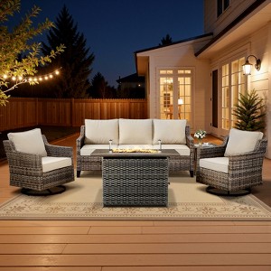 Belord 5-Piece Wicker Patio Set with 41" Fire Pit Table, All Weather Patio Set High-Back Swivel Chairs Set of 2, Patio Couch, Ottoman and Side Table - 1 of 4