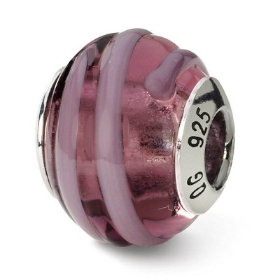 Black Bow Jewelry Sterling Silver, Pink and Purple Striped Murano Glass Bead Charm