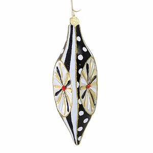 Huras Family Black & White Delight Thin Icicle Reflector 1 Glass Tree Ornament 7.0 Inch Glass Hand Painted Modern Drop Vintage Style BW974 7.0 Inch - 1 of 3