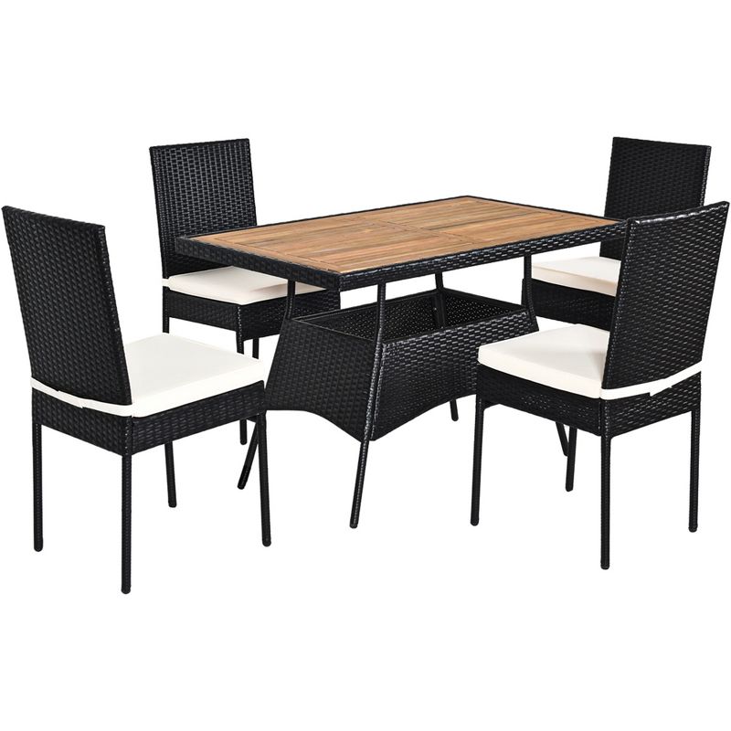 Tangkula 5PCS Outdoor Rattan Wicker Dining Set Acacia Wood Table & 4 Chairs with Cushions, 4 of 6