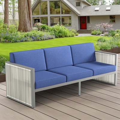 POCASSY Outdoor Round Wicker Patio Couch, Luxury High Back 3-Seater Sofa with Trapezoidal Back Cushion for Porch Garden Pool, Blue