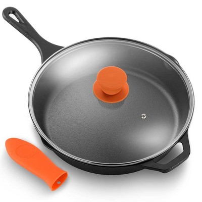 NutriChef NCCI12 12 Inch Pre Seasoned Nonstick Cast Iron Skillet Frying Pan Kitchen Cookware Set with Tempered Glass Lid and Silicone Handle Cover