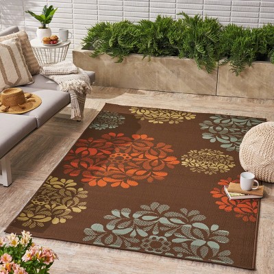 Brown and Blue Floral 5' x 8' Stain-Resistant Outdoor Rug