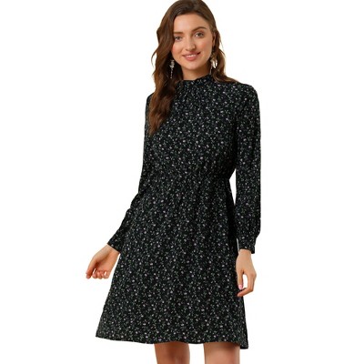 Allegra K Women's Mock Neck Swing Knee Length Long Sleeve A-line Floral  Dress Black Small