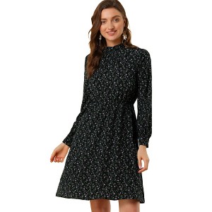 Allegra K Women's Mock Neck Swing Midi Long Sleeve A-line Floral Dress - 1 of 4