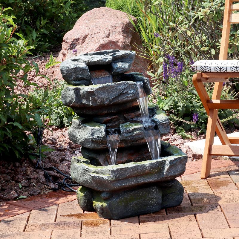 Sunnydaze 24"H Electric Polyresin and Fiberglass Tiered Stone Waterfall Outdoor Water Fountain with LED Lights, 3 of 15