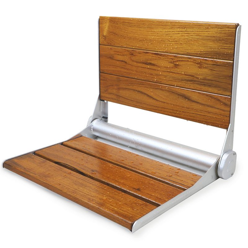 Home Aesthetics 18" ADA Compliant Folding Teak Wood Shower Bench Seat Medical Wall Mount Seat, 1 of 8