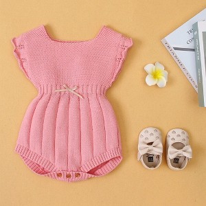 MyKids-USA Baby Girl 1pcs Ribbed Knitted Pattern Ruffle Design Solid Knitted Onesies Bodysuit - 1 of 4