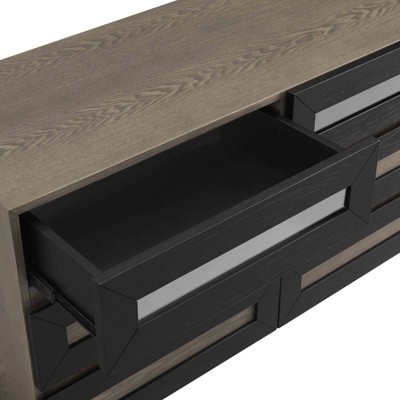 Merritt Mid-Century Brown Oak Dresser with Mirrored Accents