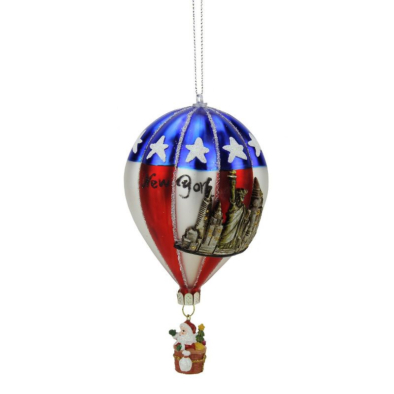 NORTHLIGHT 5.75" Hot Air Balloon"New York" Glass Christmas Ornament - Red/Silver, 1 of 2