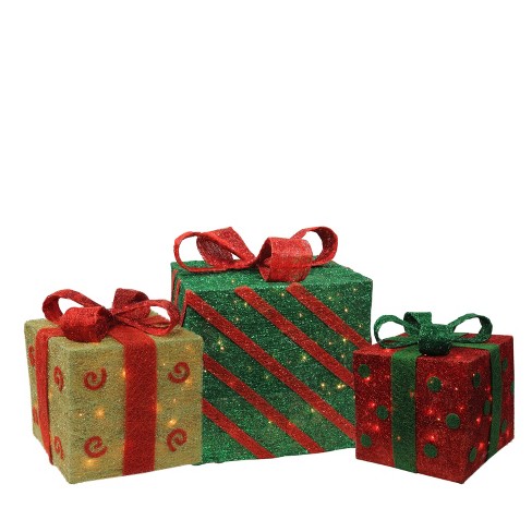 Northlight Set Of 3 Green Gold And Red Lighted Sisal Gift Boxes