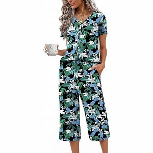 Ekouaer Women's Pajama Sets Short Sleeve Sleepwear Button Up Pj Loungewear Top and Capri Pants with Pockets - 1 of 4
