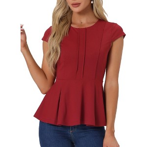 INSPIRE CHIC Women's Elegant Round Neck Cap Sleeve Solid Color Peplum Blouses - 1 of 4