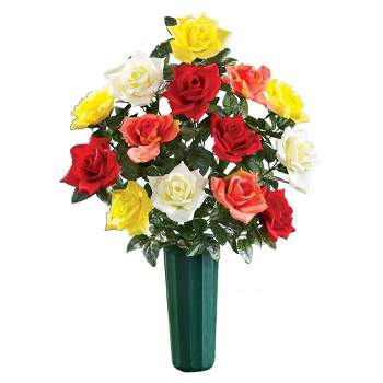 Collections Etc Faux Multicolor Roses & Vase for Cemetary Memorial Grave Marker