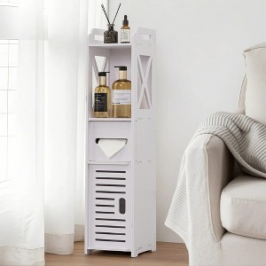 VECELO Bathroom Corner Shelf, Narrow Storage Cabinet with Toilet Paper Scroll & Magnetic Door for Small Space, White - 1 of 4