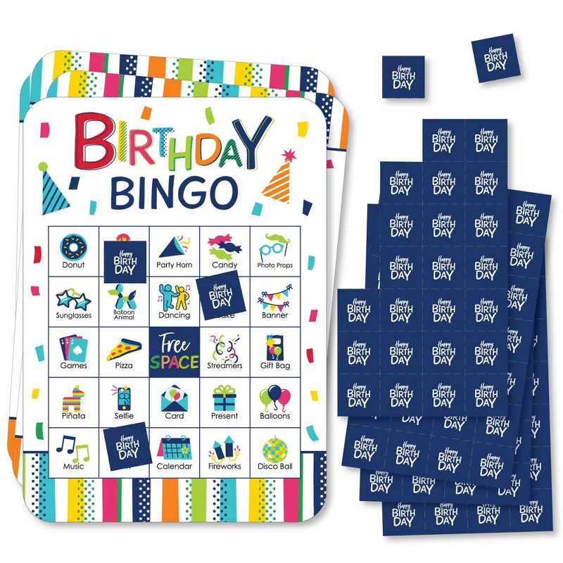 Big Dot of Happiness Cheerful Happy Birthday - Picture Bingo Cards and Markers - Birthday Party Bingo Game - Set of 18, 1 of 6