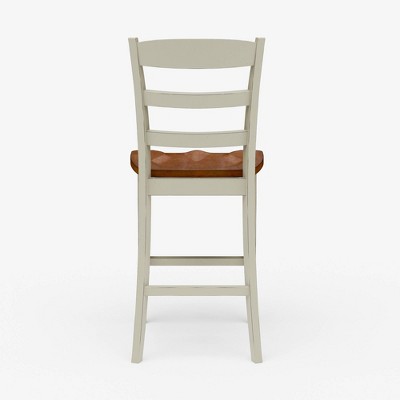 Antique White and Oak Wood Counter Stool with Slatted Back
