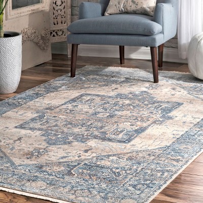 Light Blue Vintage Medallion Synthetic Area Rug with Fringe, 4' x 6'