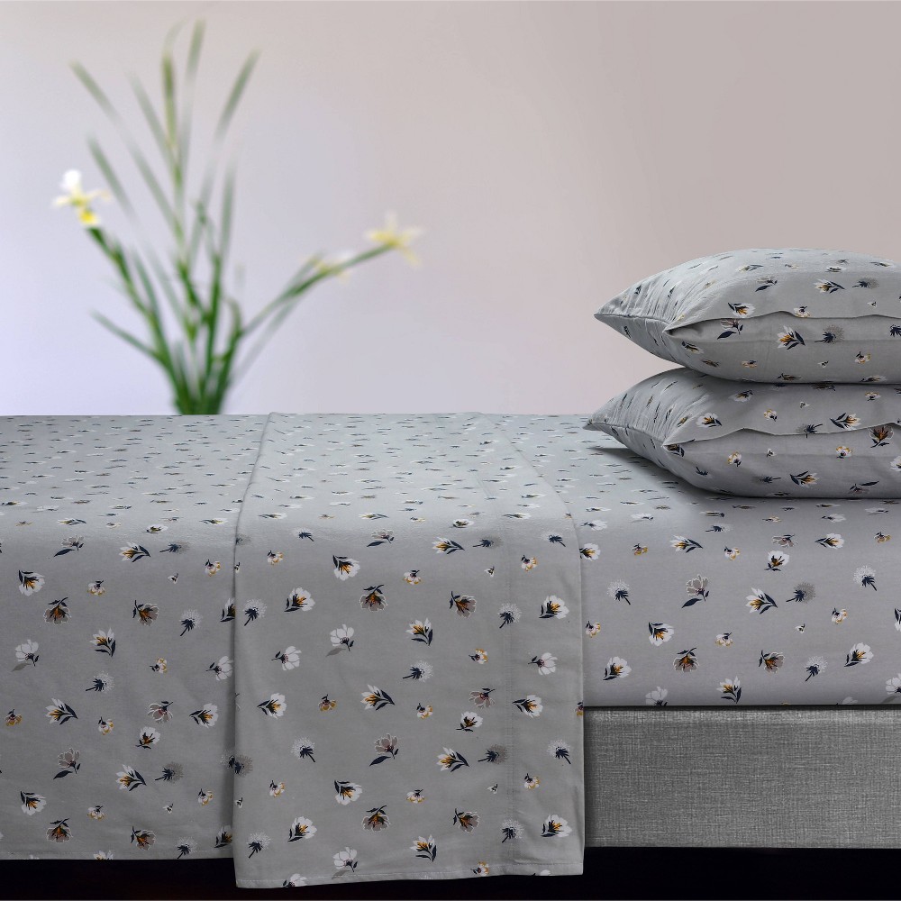 Photos - Bed Linen Twin XL 170 GSM Extra Deep Pocket Flannel Sheet Set Floryn Gray - Tribeca Living: 100 Cotton, Botanical Pattern, Includes 3