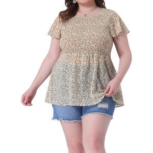 Agnes Orinda Women's Plus Size Chiffon Smock Waist Ditsy Floral Peplum Casual Blouses - 1 of 4