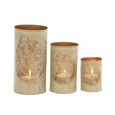 Set Of 3 Leafy Cylindrical Contemporary Metal Candle Holders Natural - Olivia  & May : Target