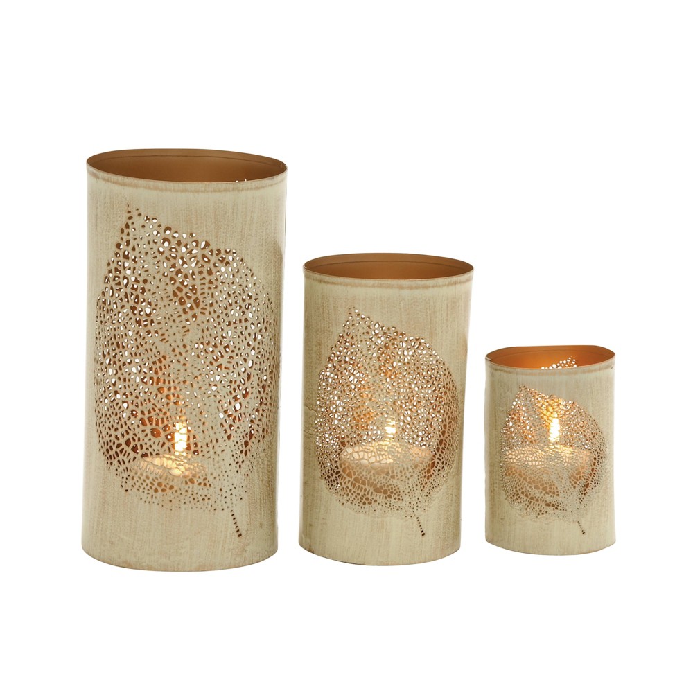 Photos - Figurine / Candlestick Set of 3 Leafy Cylindrical Contemporary Metal Candle Holders Natural - Oli